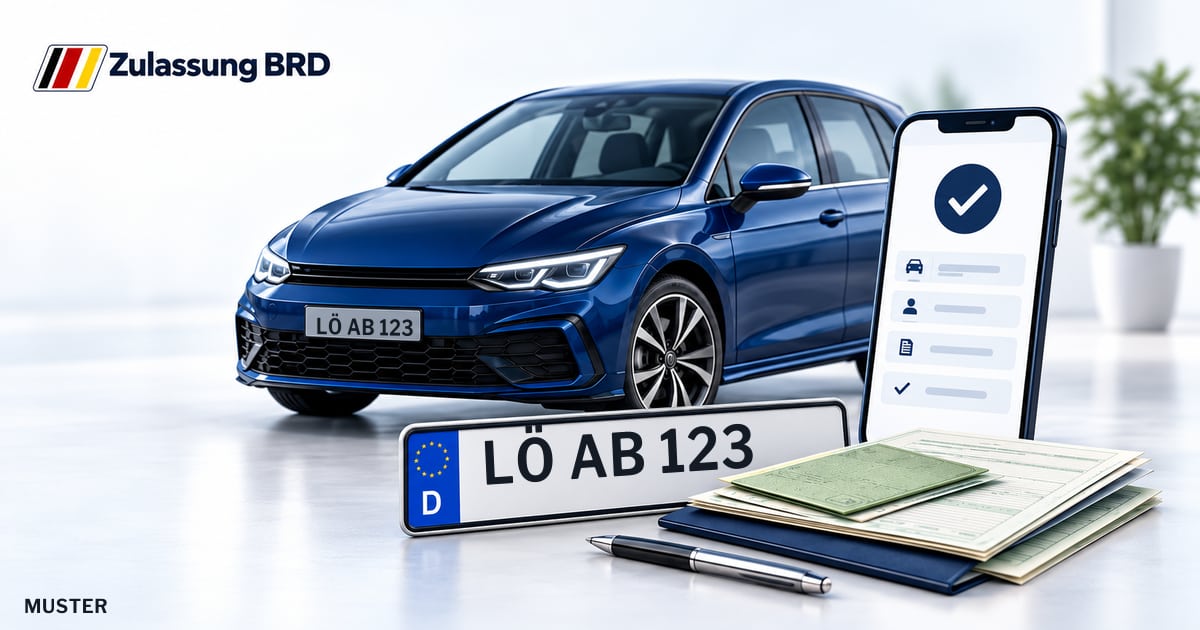 Online Fahrzeugzulassung in Lörrach: Musterkennzeichen LÖ AB 123, Auto und Fahrzeugpapiere und Smartphone. Illustration mit Logo von Zulassung BRD.
